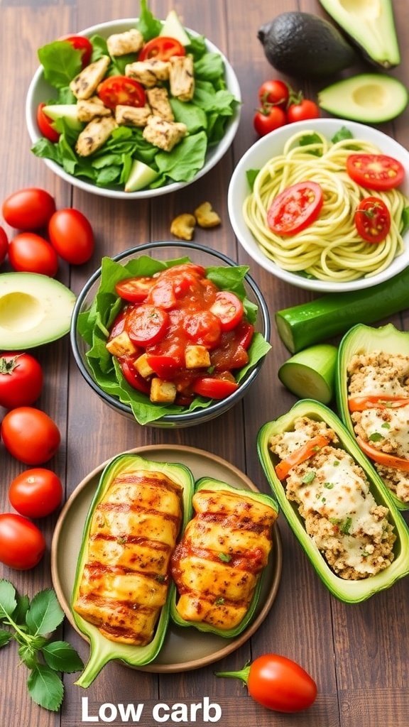An array of easy low carb lunch ideas including grilled chicken salad, zucchini noodles, and stuffed bell peppers on a wooden table.